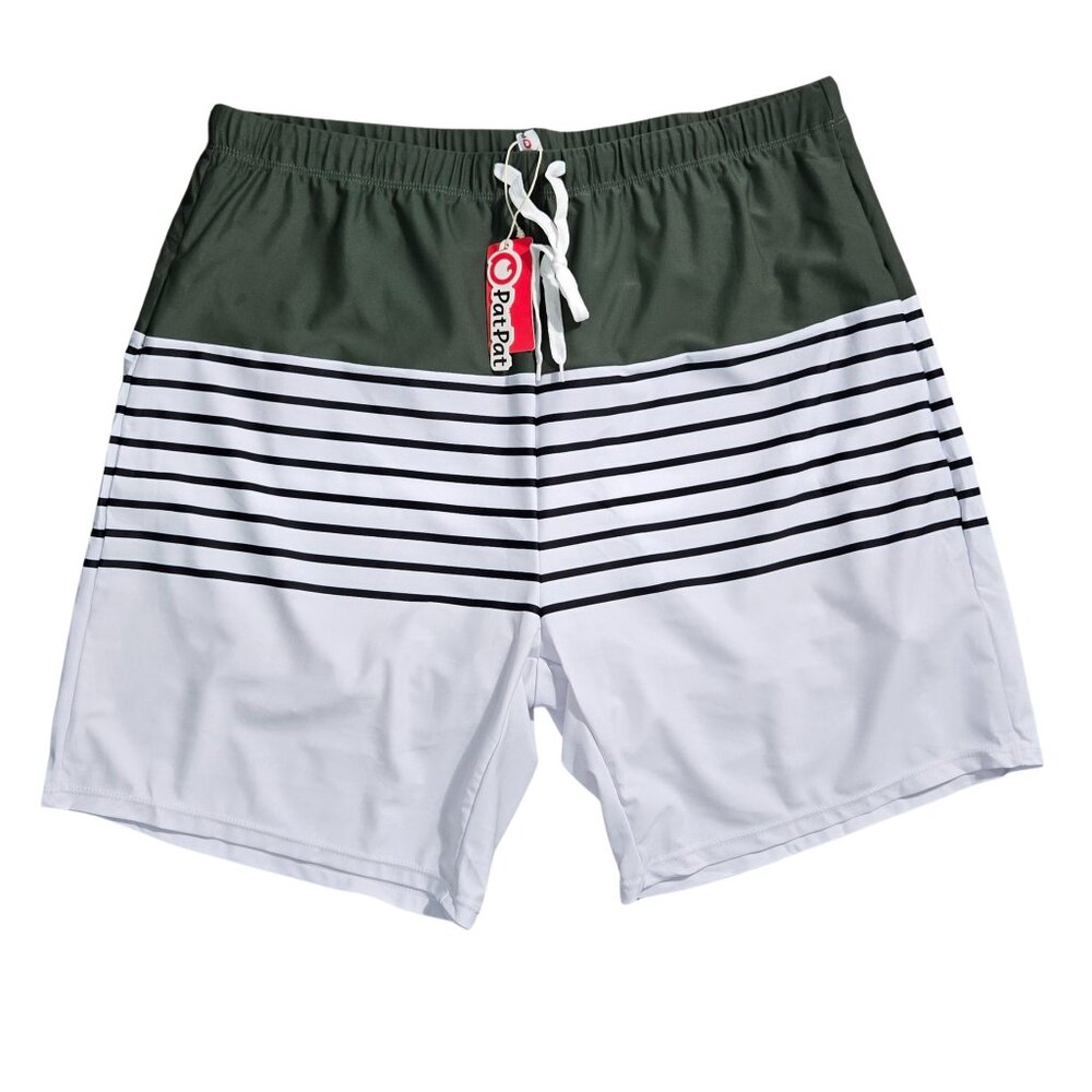 NWT | PatPat Men’s Green & White Horizontal Striped Quick-Dry Swim Shorts | XL